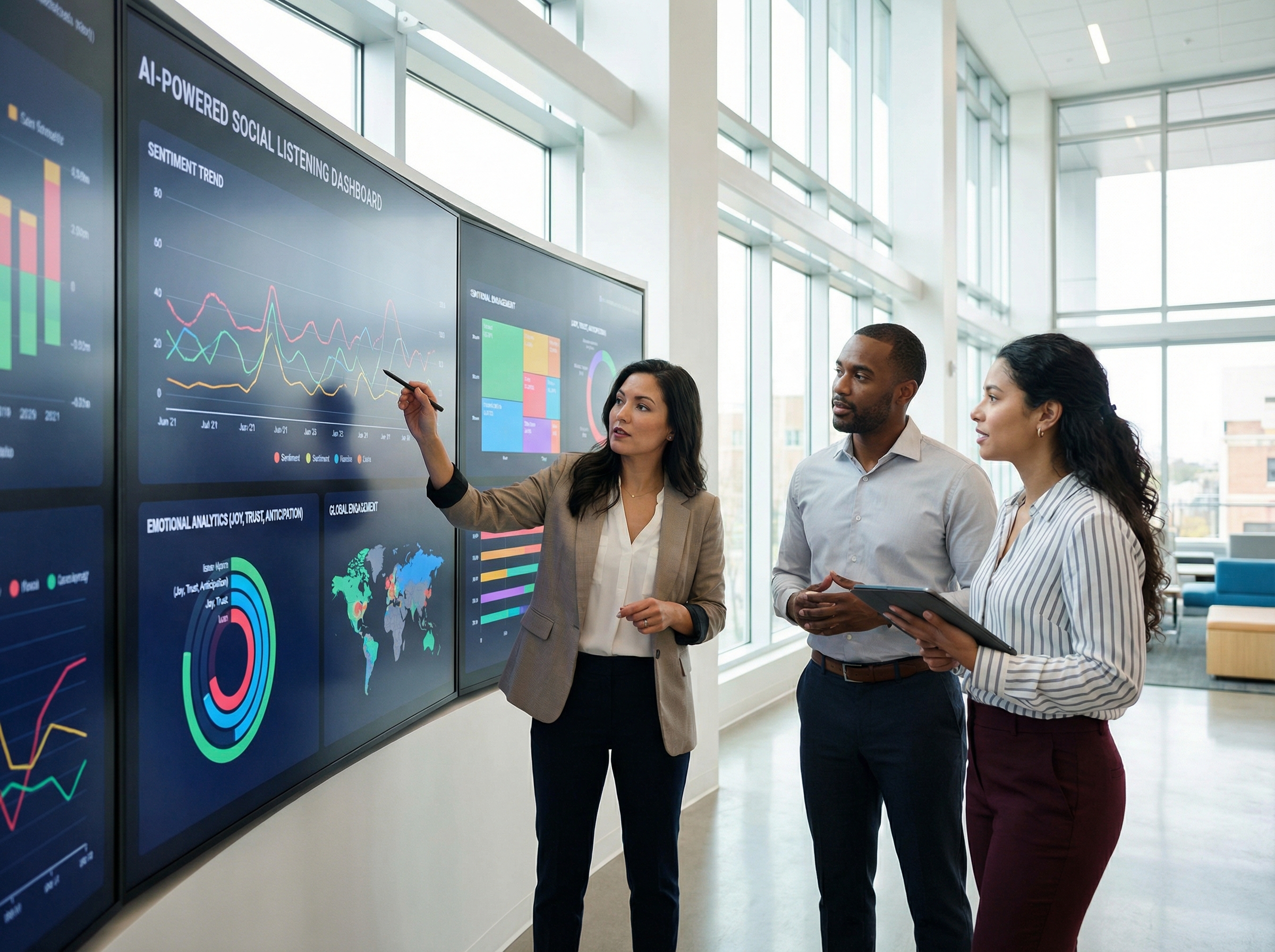 Marketing team analyzing AI-powered social listening dashboard with sentiment analytics