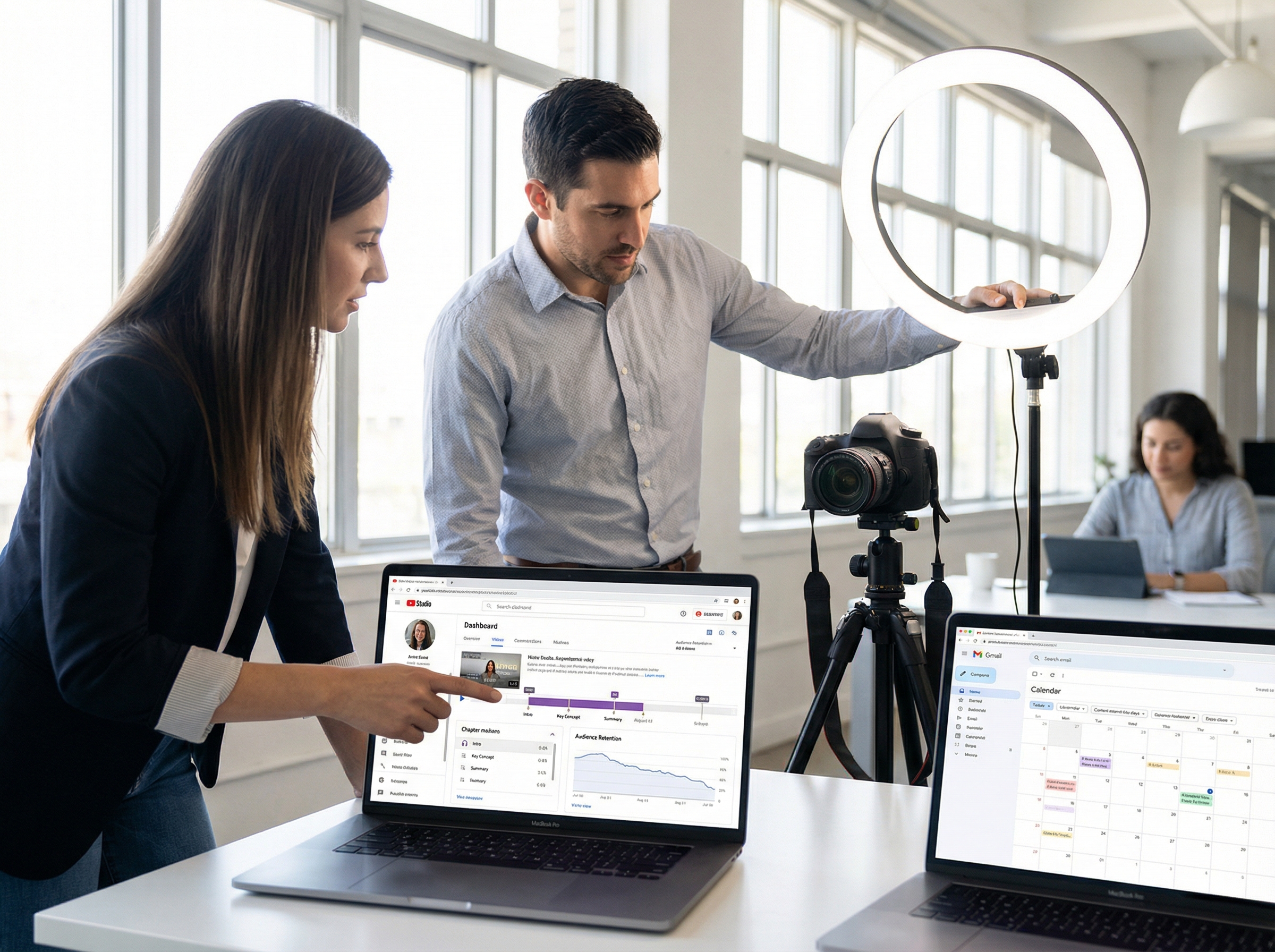 Video content creation setup with YouTube Studio showing engagement optimization features