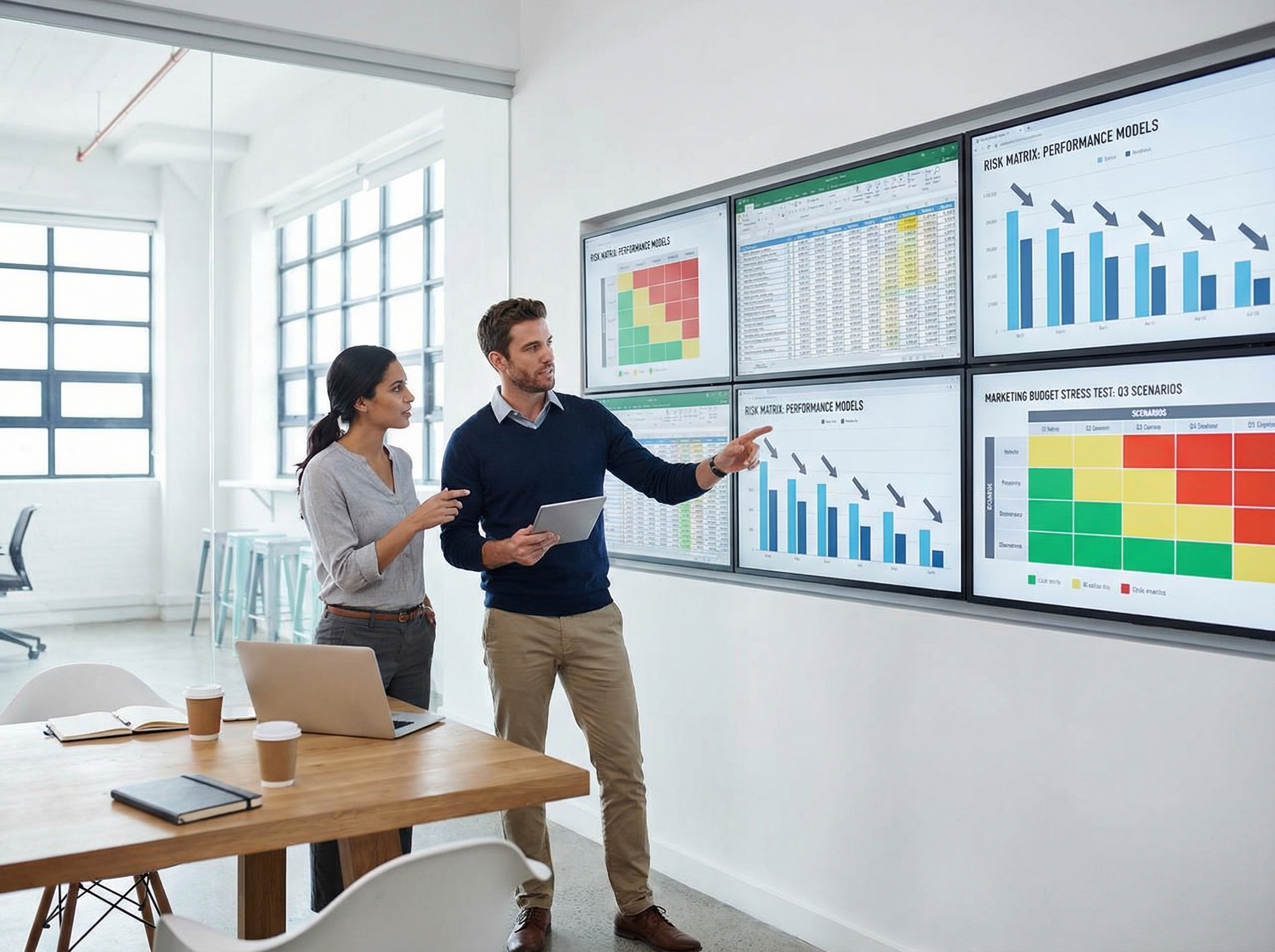 Marketing team reviewing budget stress testing scenarios and performance models