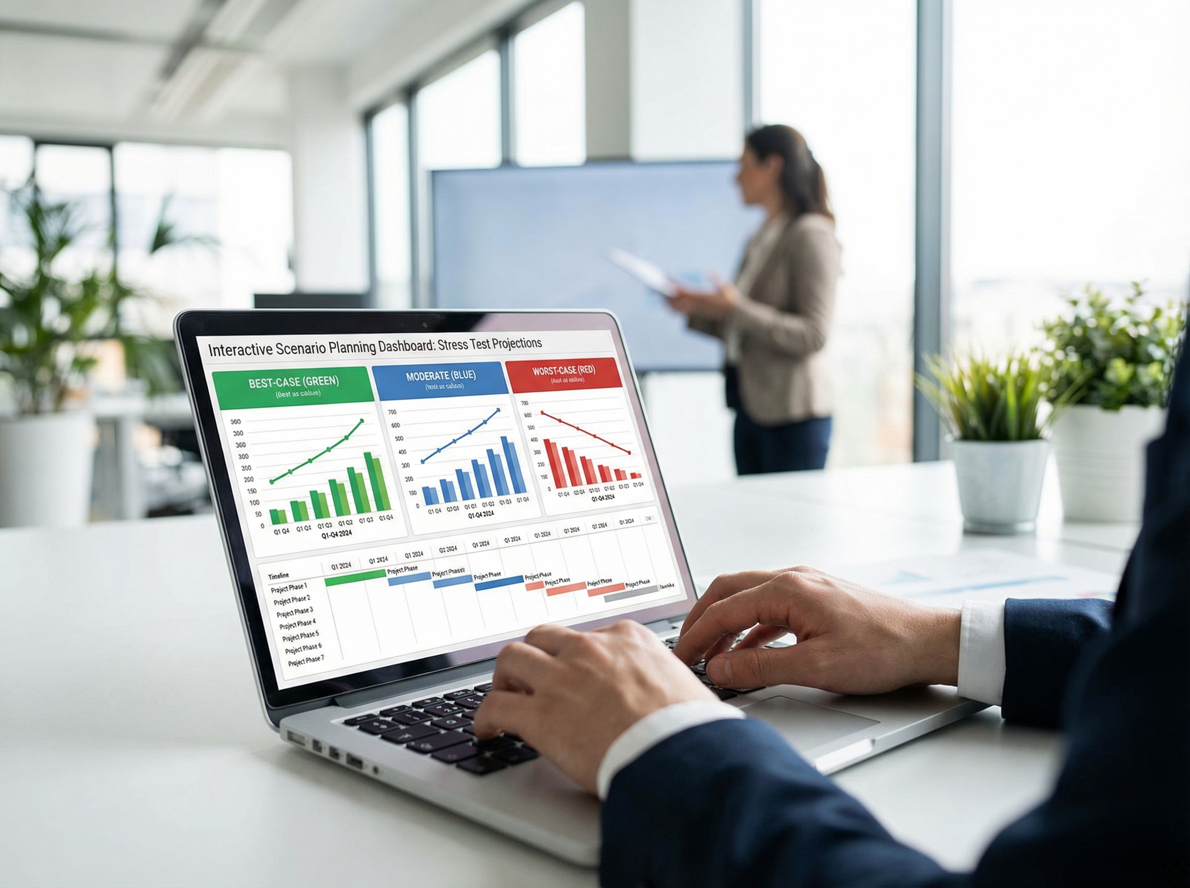 Interactive scenario planning dashboard showing multiple stress test projections