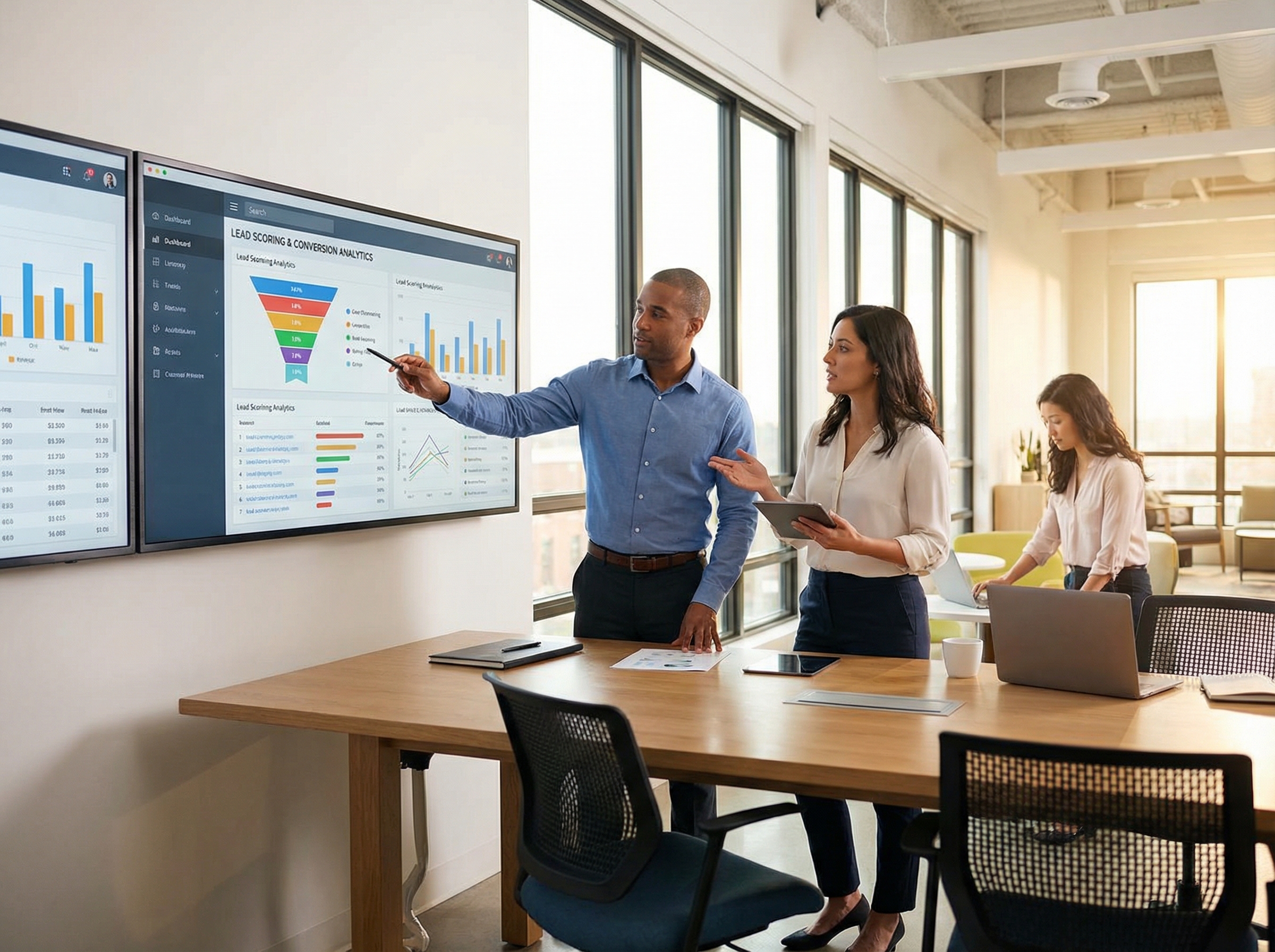 Sales team analyzing predictive lead scoring dashboard and conversion metrics