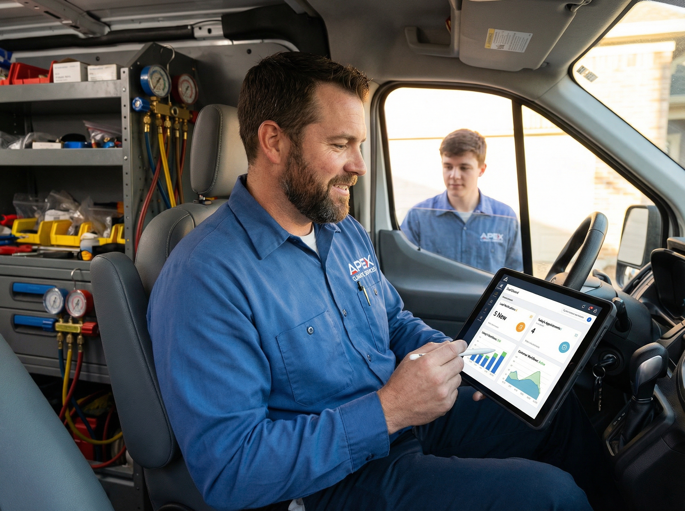 HVAC contractor reviewing marketing automation dashboard on tablet