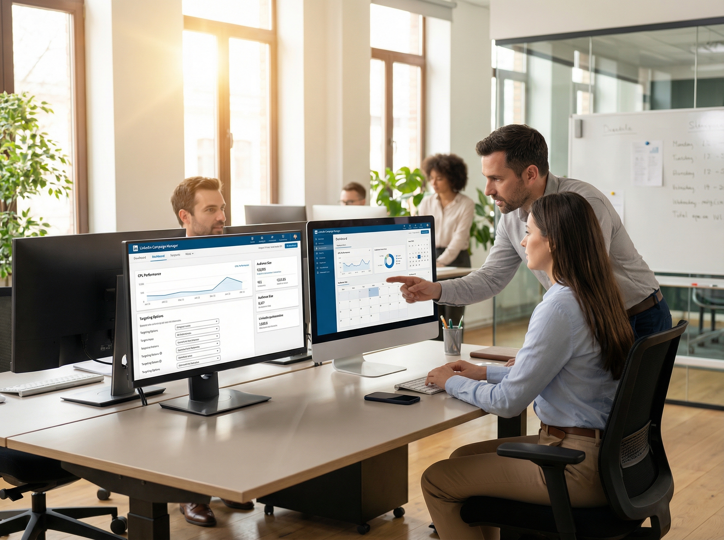 LinkedIn Campaign Manager targeting dashboard with performance metrics