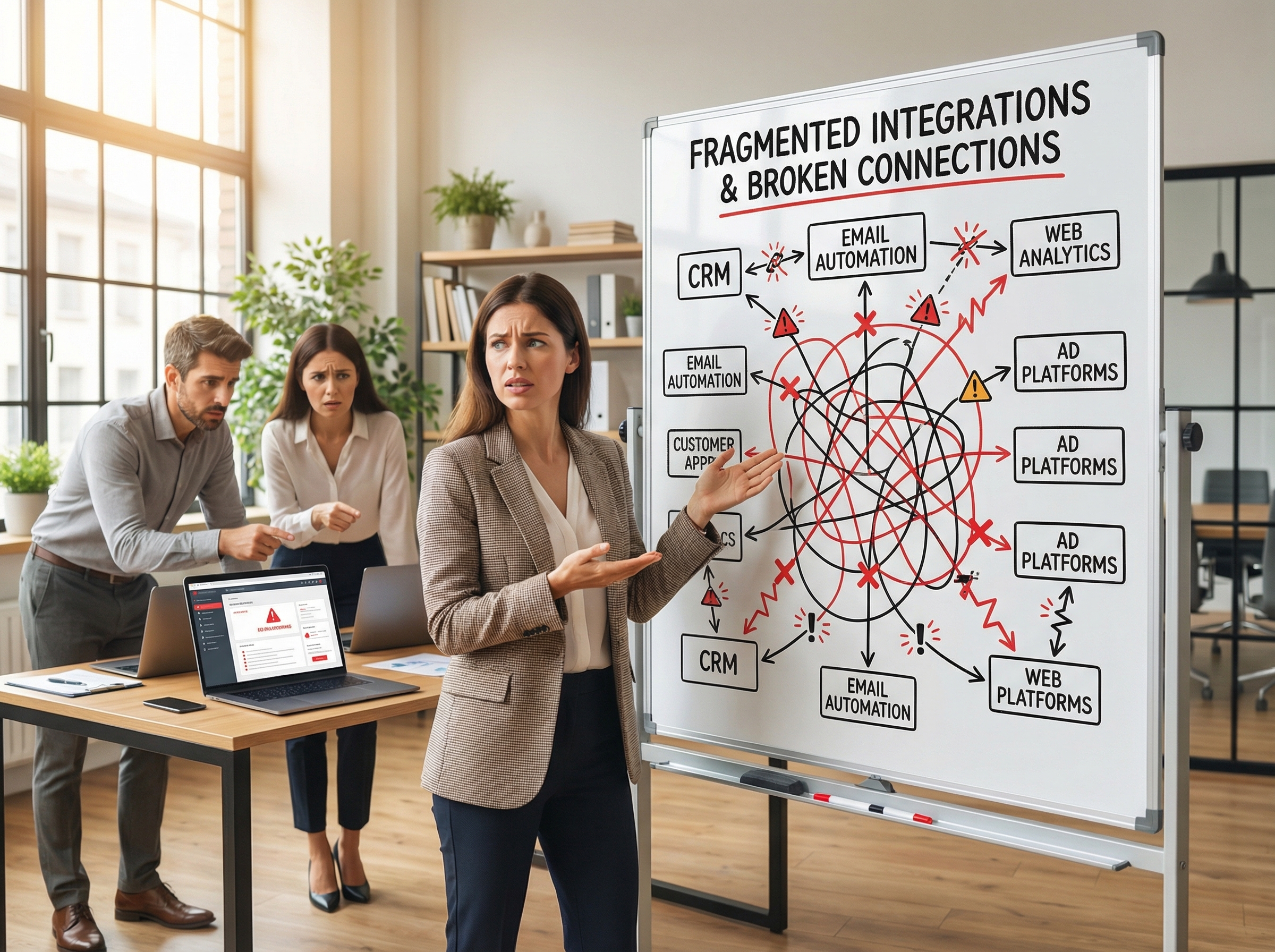 Marketing stack with fragmented integrations and broken connections