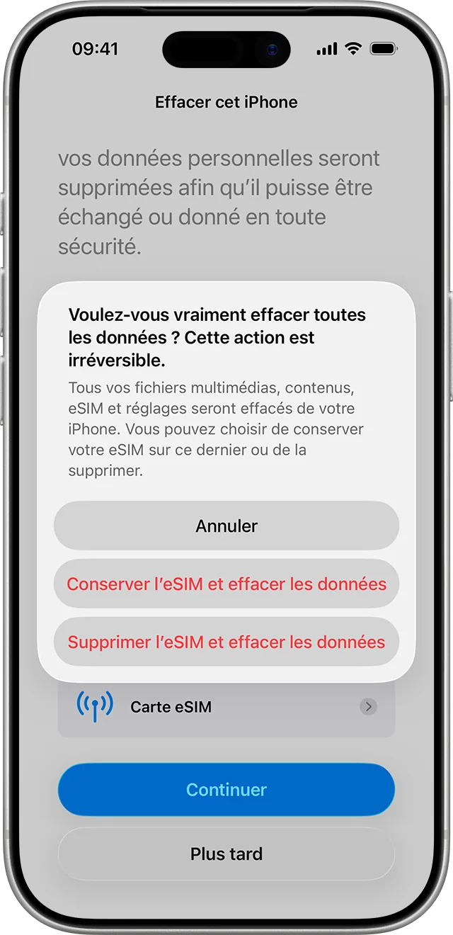 Boîte de dialogue iOS proposant de conserver ou supprimer l'eSIM lors de l'effacement de l'iPhone (capture Apple Support)