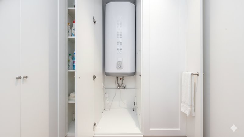 A modern electric water heater installed inside a home cabinet, representing the switch from gas to heat pump water heating for Bay Area homeowners.