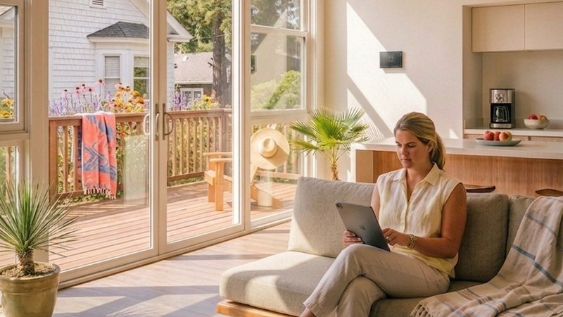 A woman sits on her living room couch using a tablet to control her home's heating and cooling system.