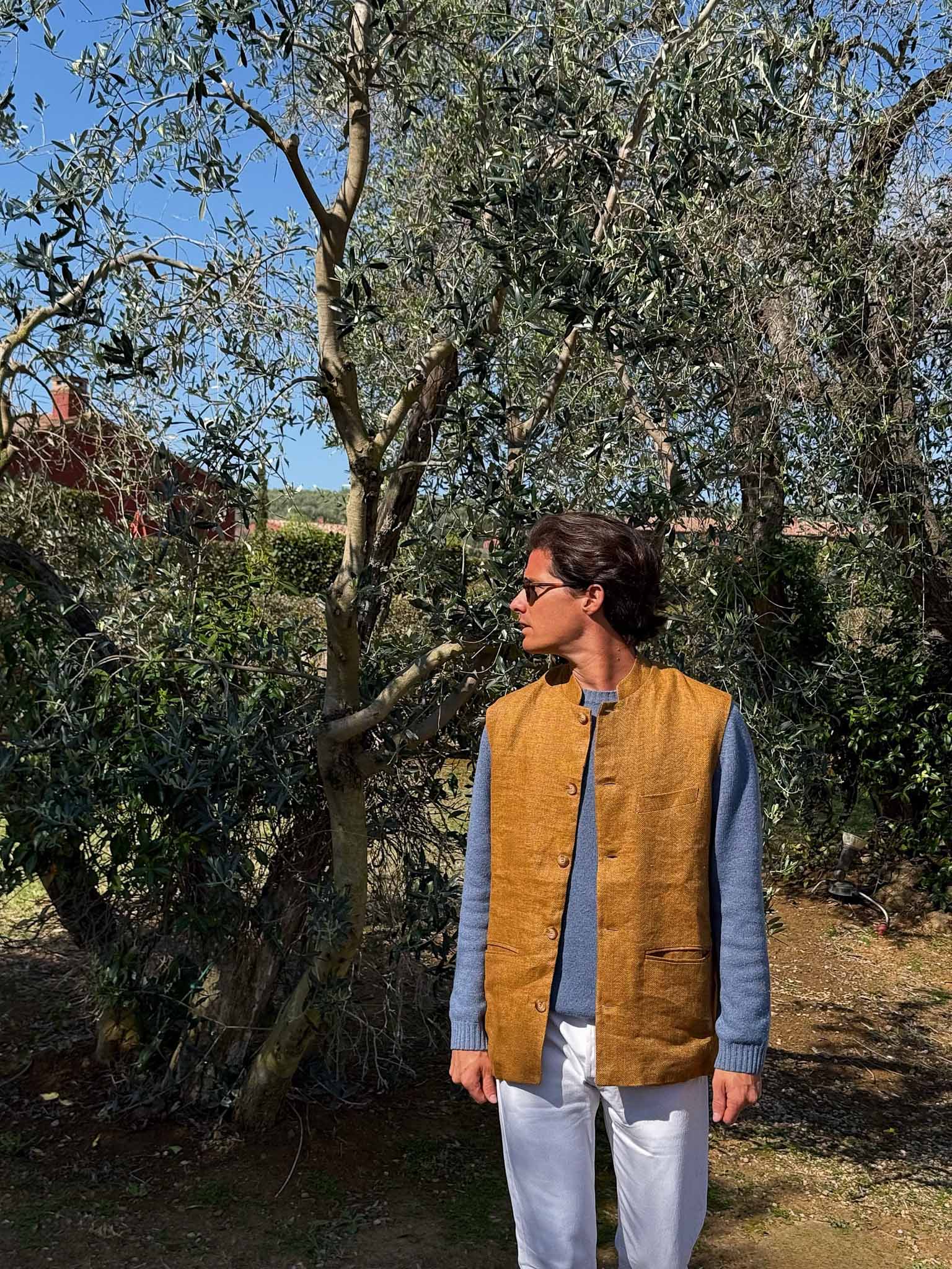 OTTAVIANO | Mustard Herringbone Linen Vest 