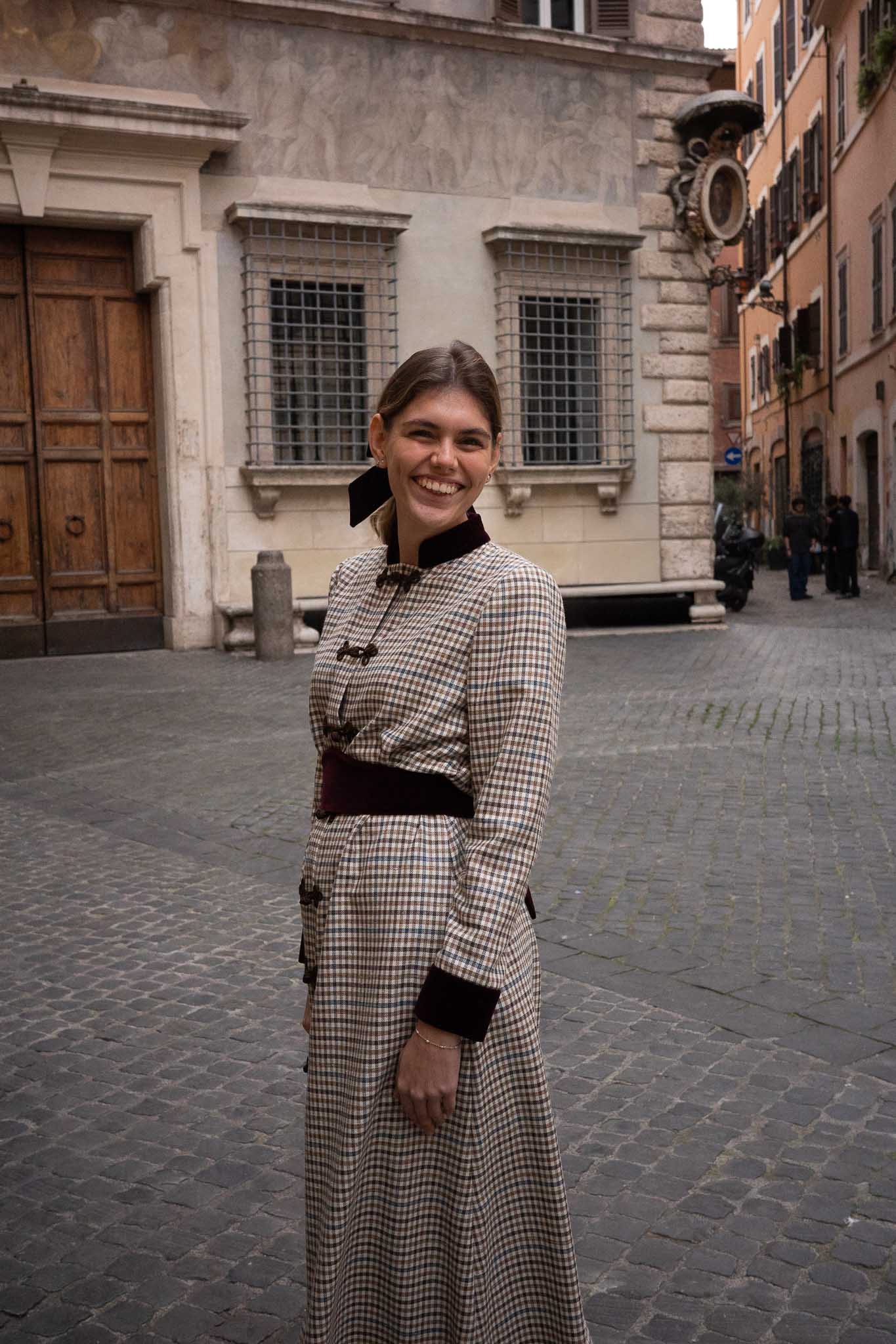 FILIPPA | Frescolana Tallia di Delfino Dress with Burgundy Velvet Details  