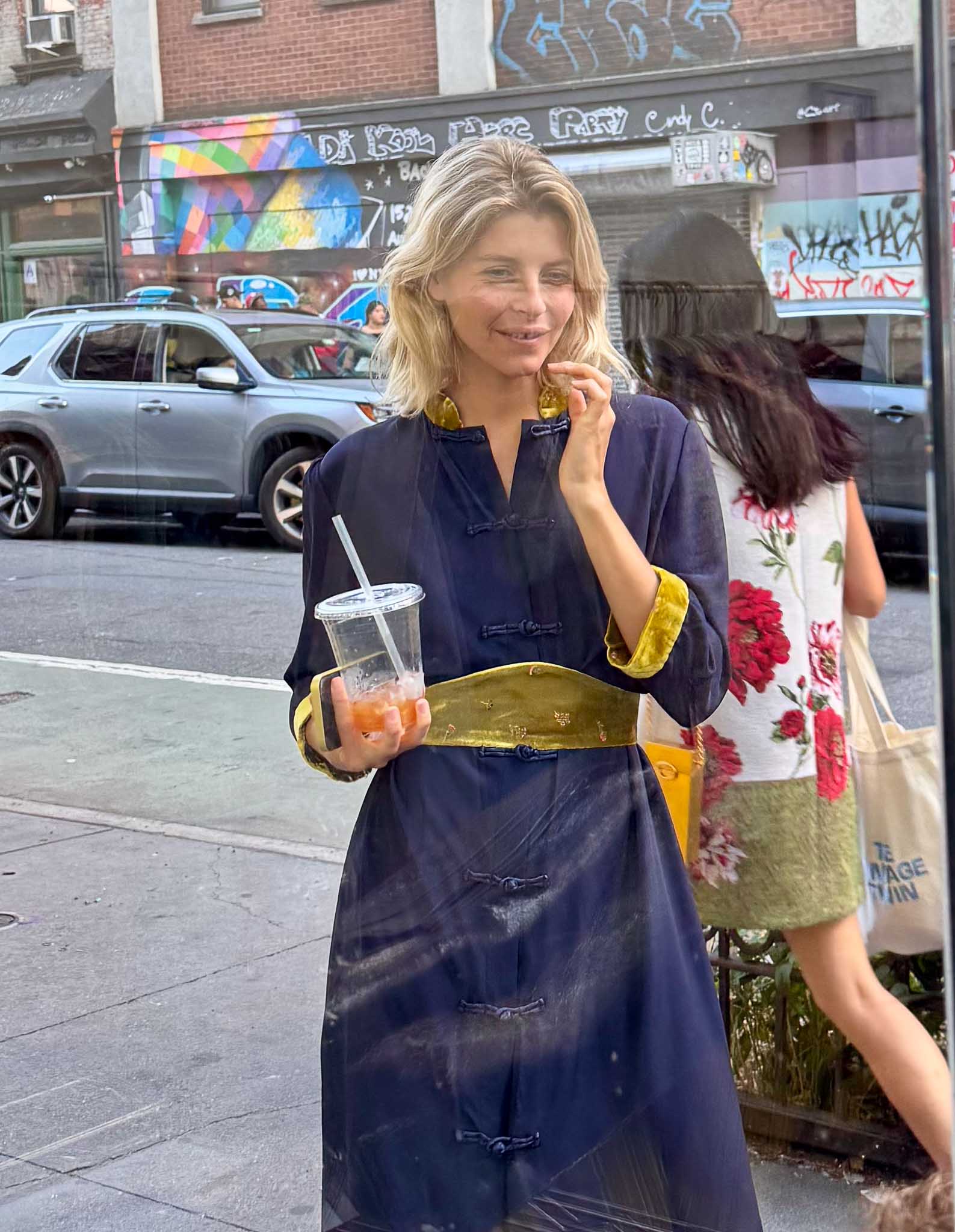 FILIPPA | Navy Frescolana Dress with Silk Velvet Embroidered Details