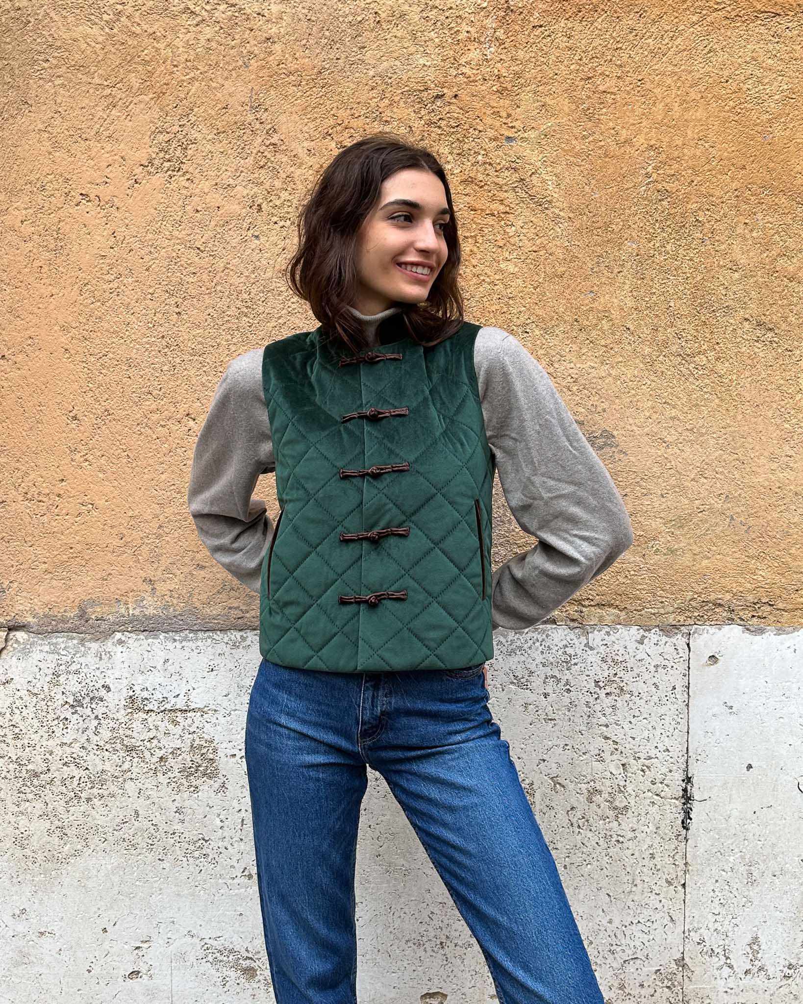 OTTAVIANO | Dark Green Puffer Vest with Brown Details