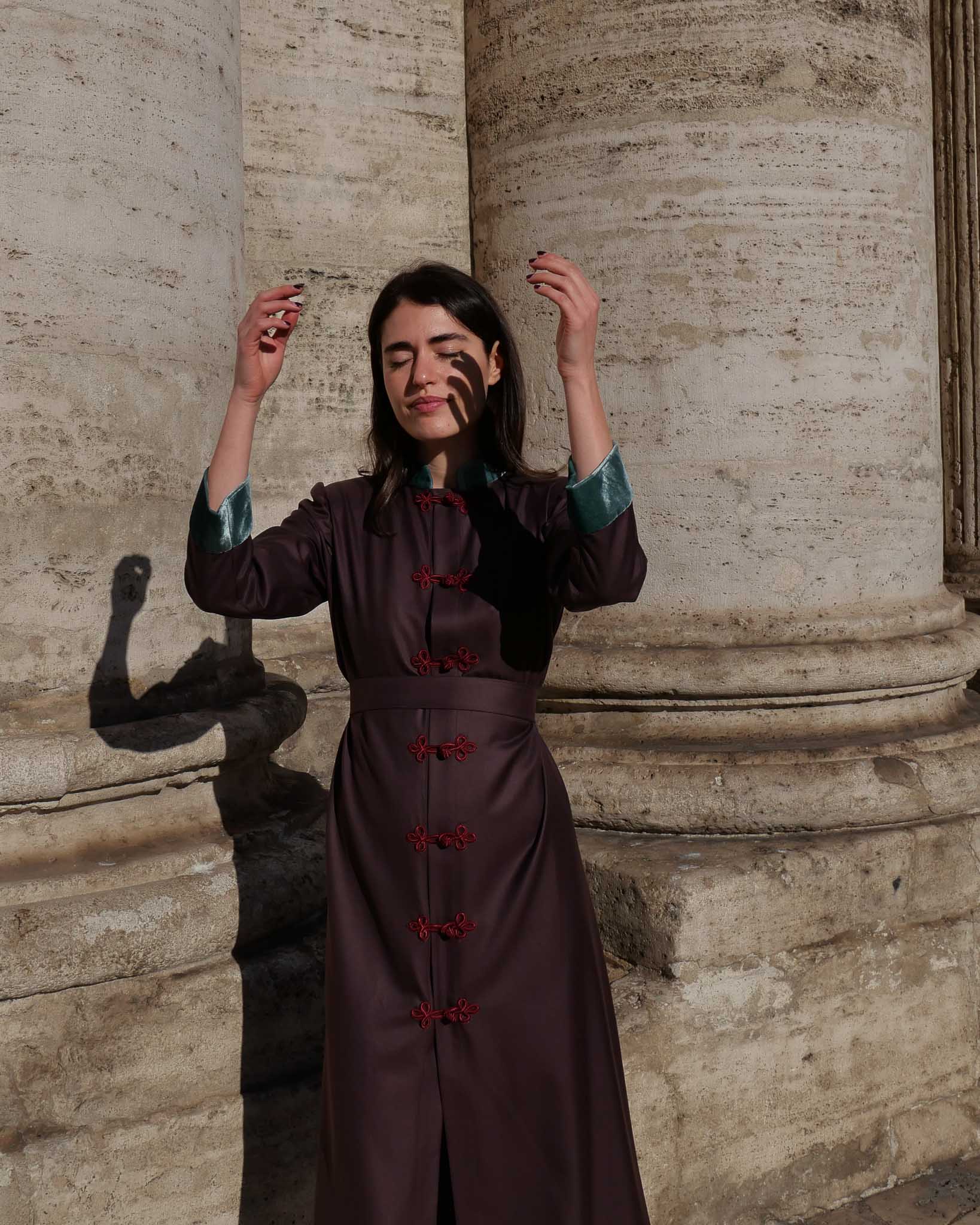 FILIPPA | Burgundy Frescolana Dress with Silk Velvet Details