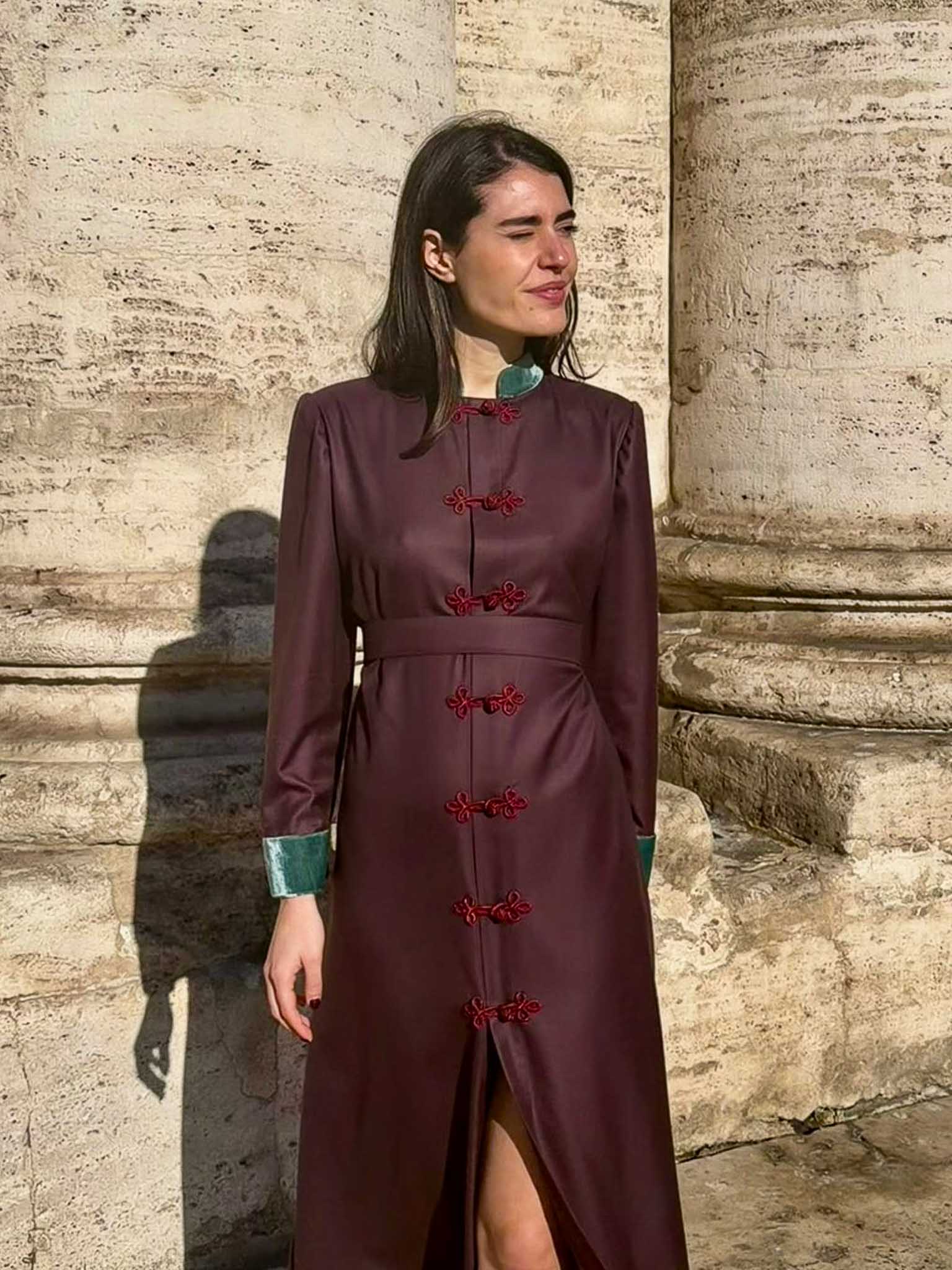 FILIPPA | Burgundy Frescolana Dress with Silk Velvet Details