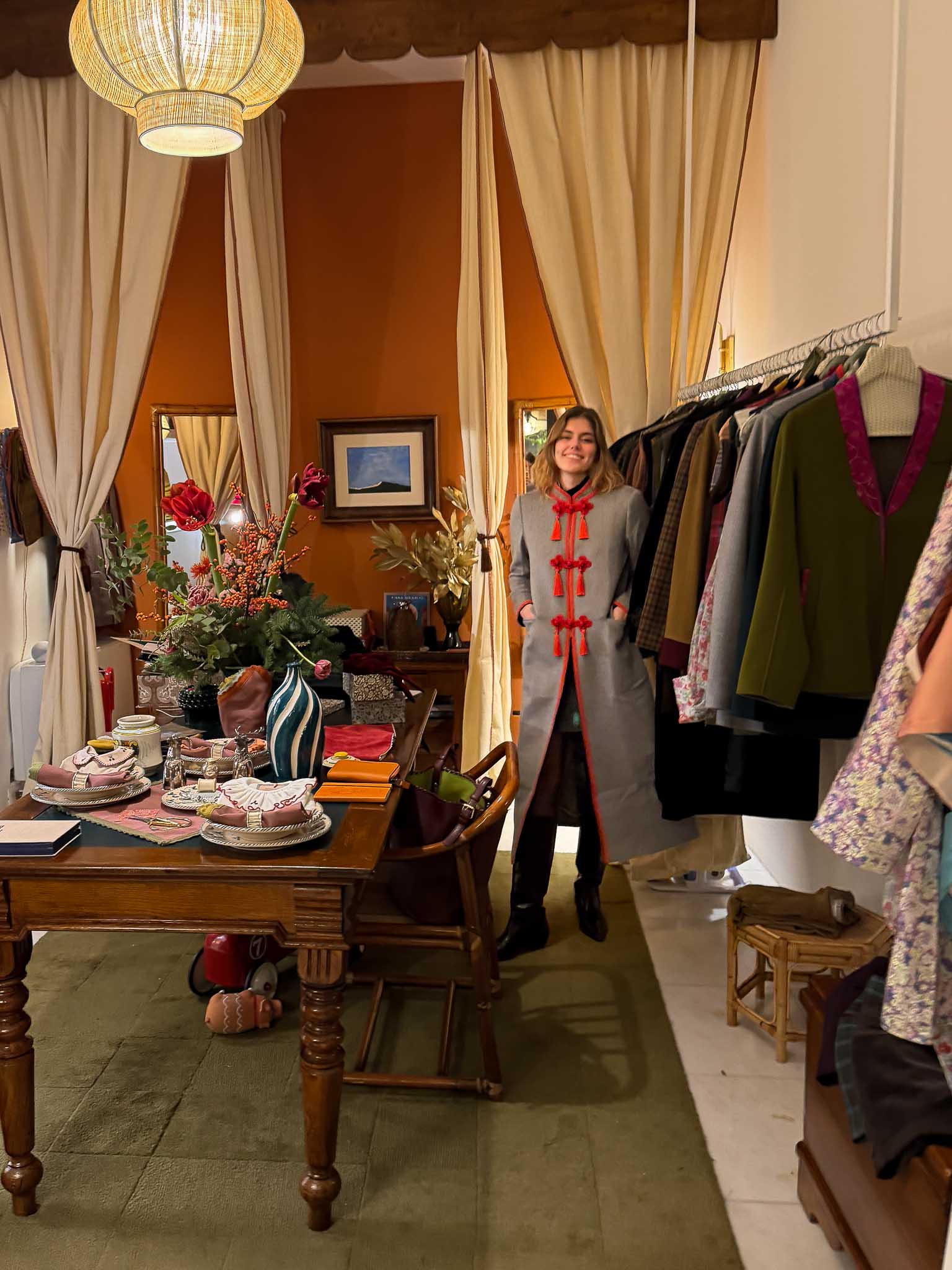 RUFINA COAT | Grey Wool & Cashmere Coat with Red Details