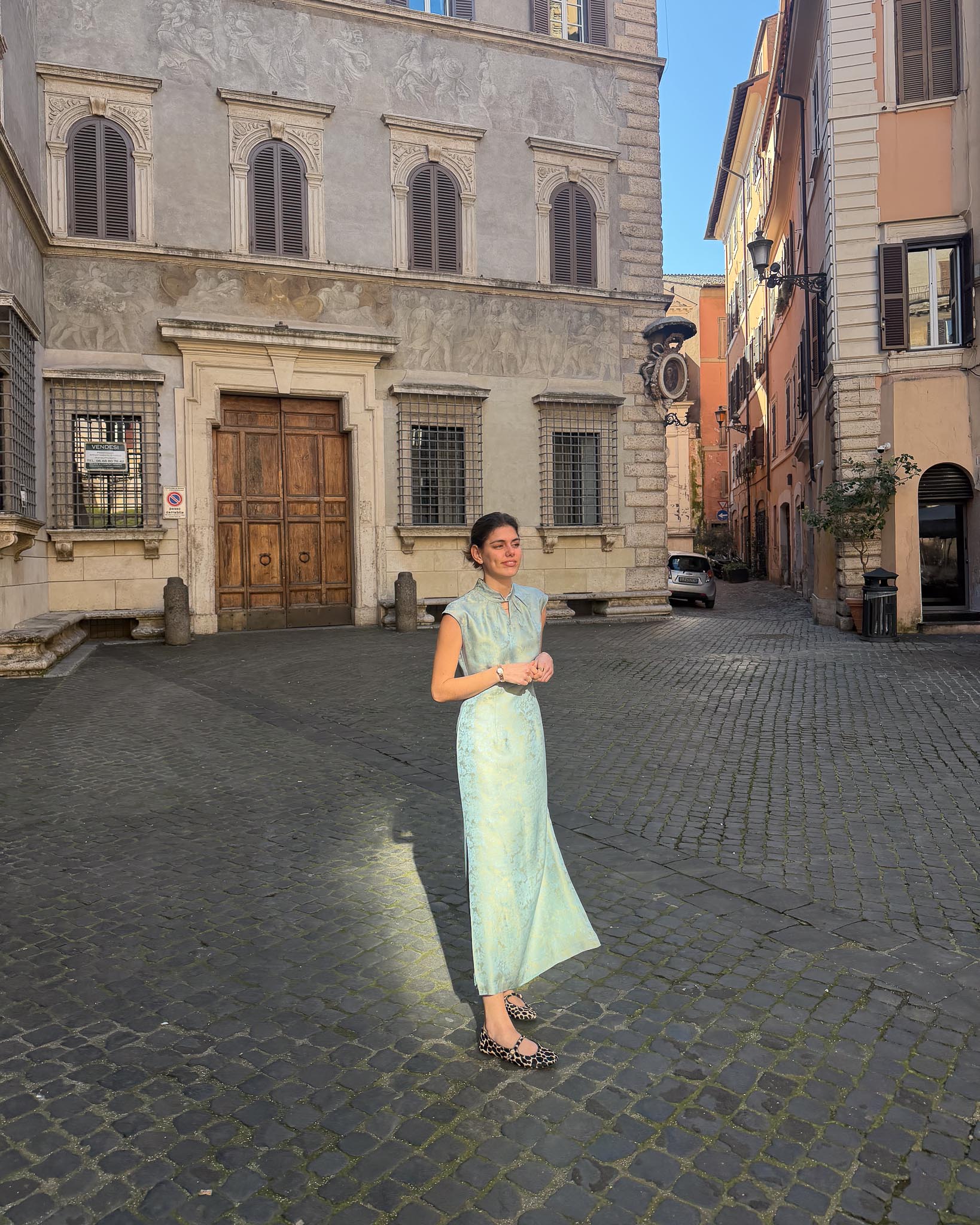 GIADA | Light-Blue Jacquard Long Silk Dress with Twist Collar
