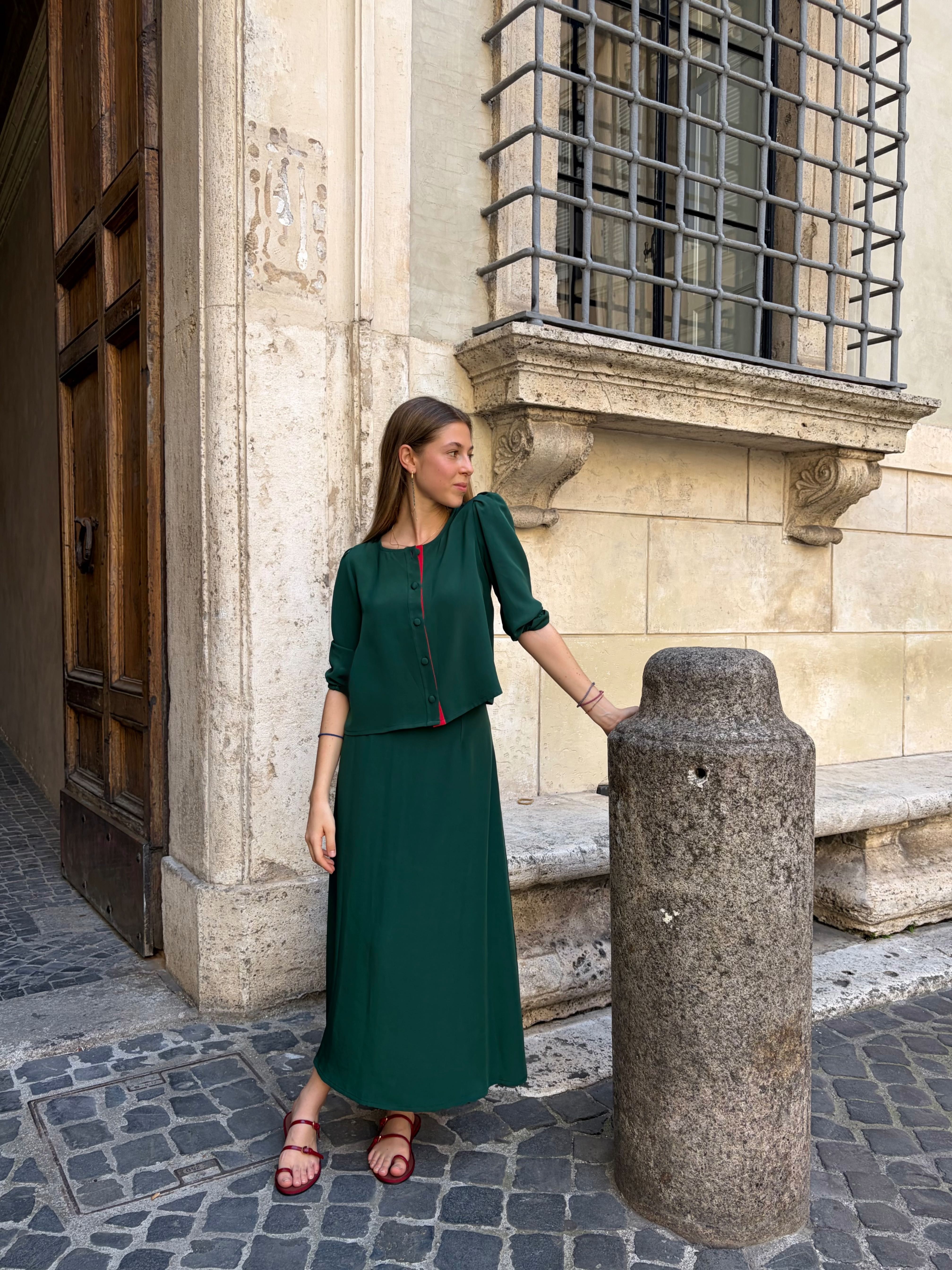 FRANCESCA | Forest Green Silk Shirt and Skirt