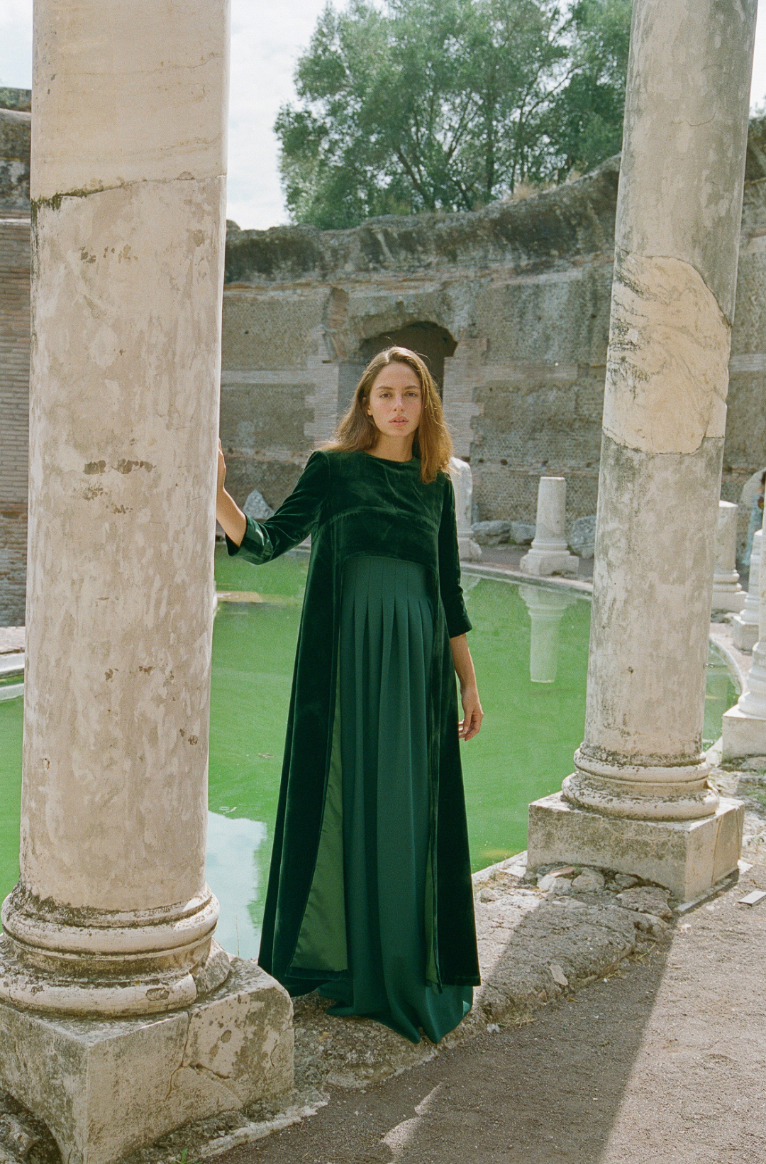 LUNA | Green Silk  Velvet Cape with Sleeves
