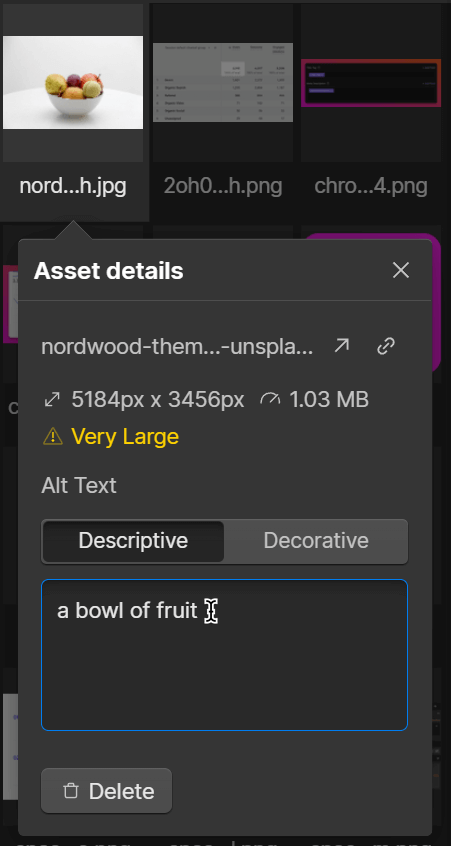 Alt tags in Webflow's asset panel