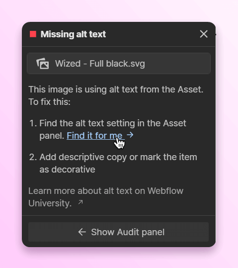 Missing alt text panel in Webflow