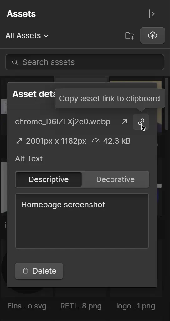 Copying URL from the Webflow Asset Panel