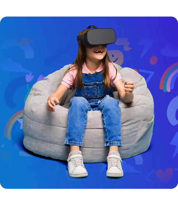 Photo of child wearing Luminopia VR headset on bean bag