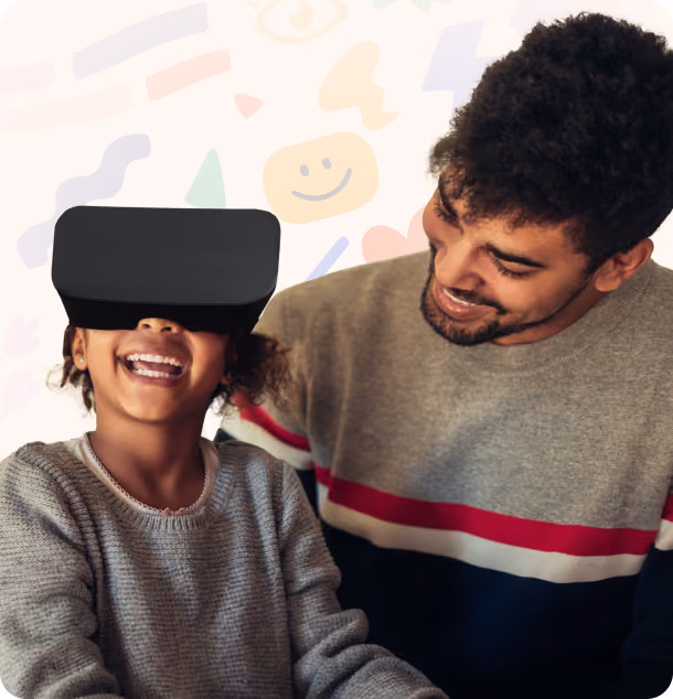 Photo of child wearing Luminopia VR headset with dad