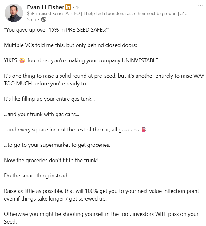 LinkedIn post on SAFEs by Evan Fisher 