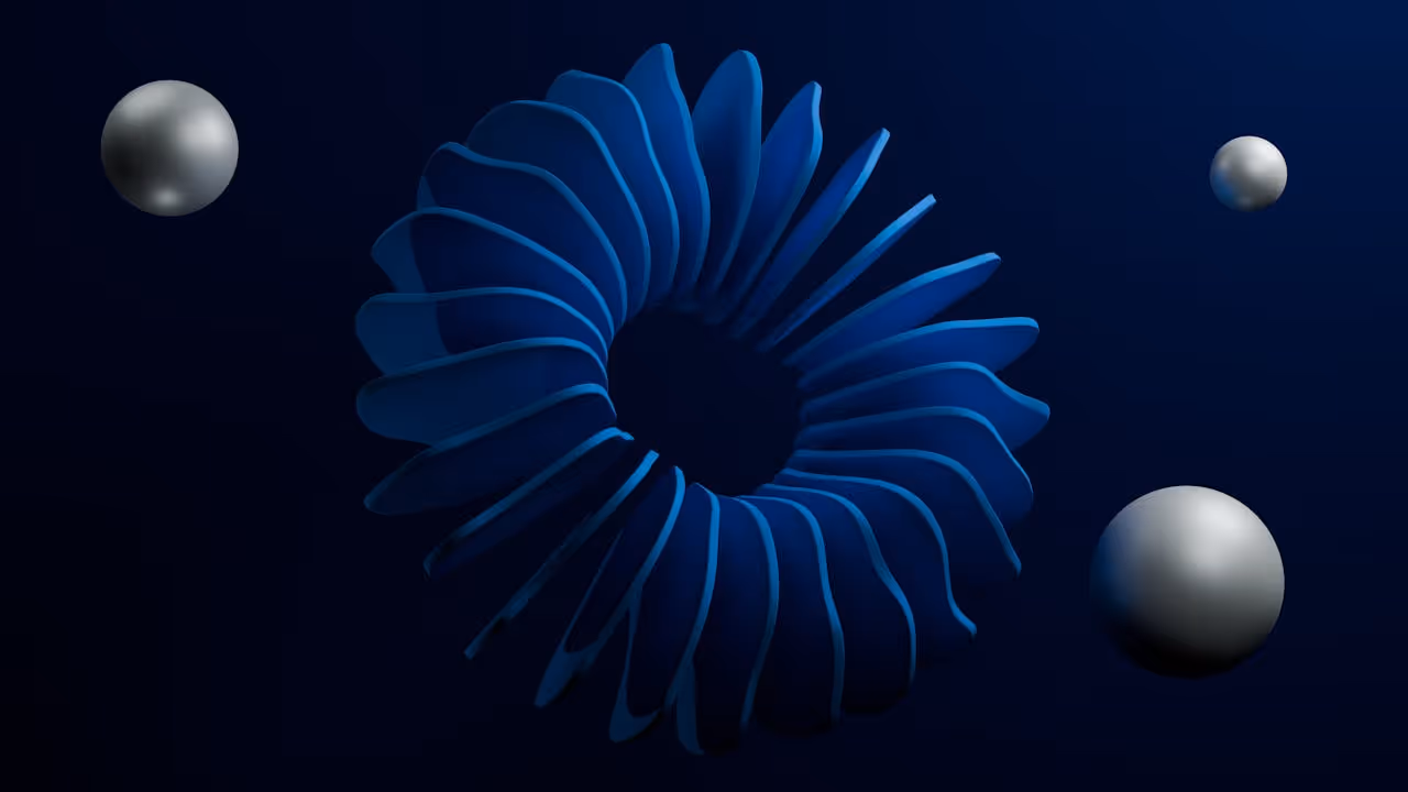 Abstract 3D blue torus shape with curved segments surrounded by three metallic gray spheres on a dark blue background.