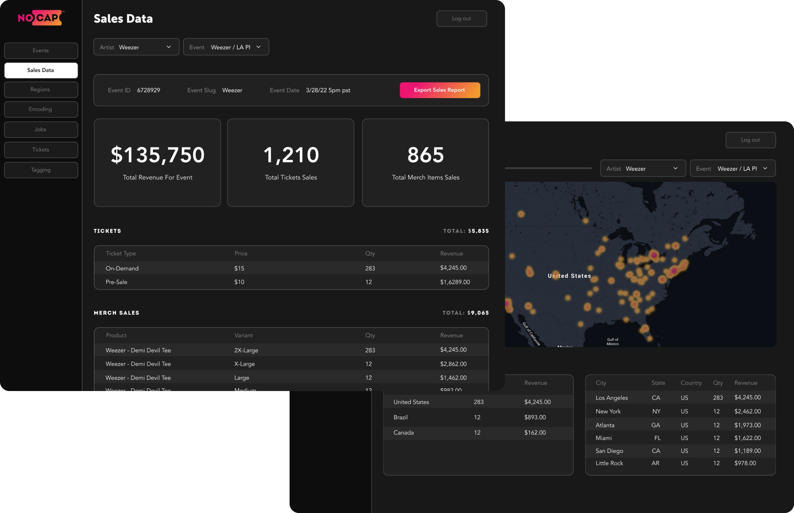 Dashboard interface showing sales data for Weezer event including total revenue $135,750, ticket and merch sales, ticket types with prices and quantities, merch product variants, and a US map heatmap of sales distribution.