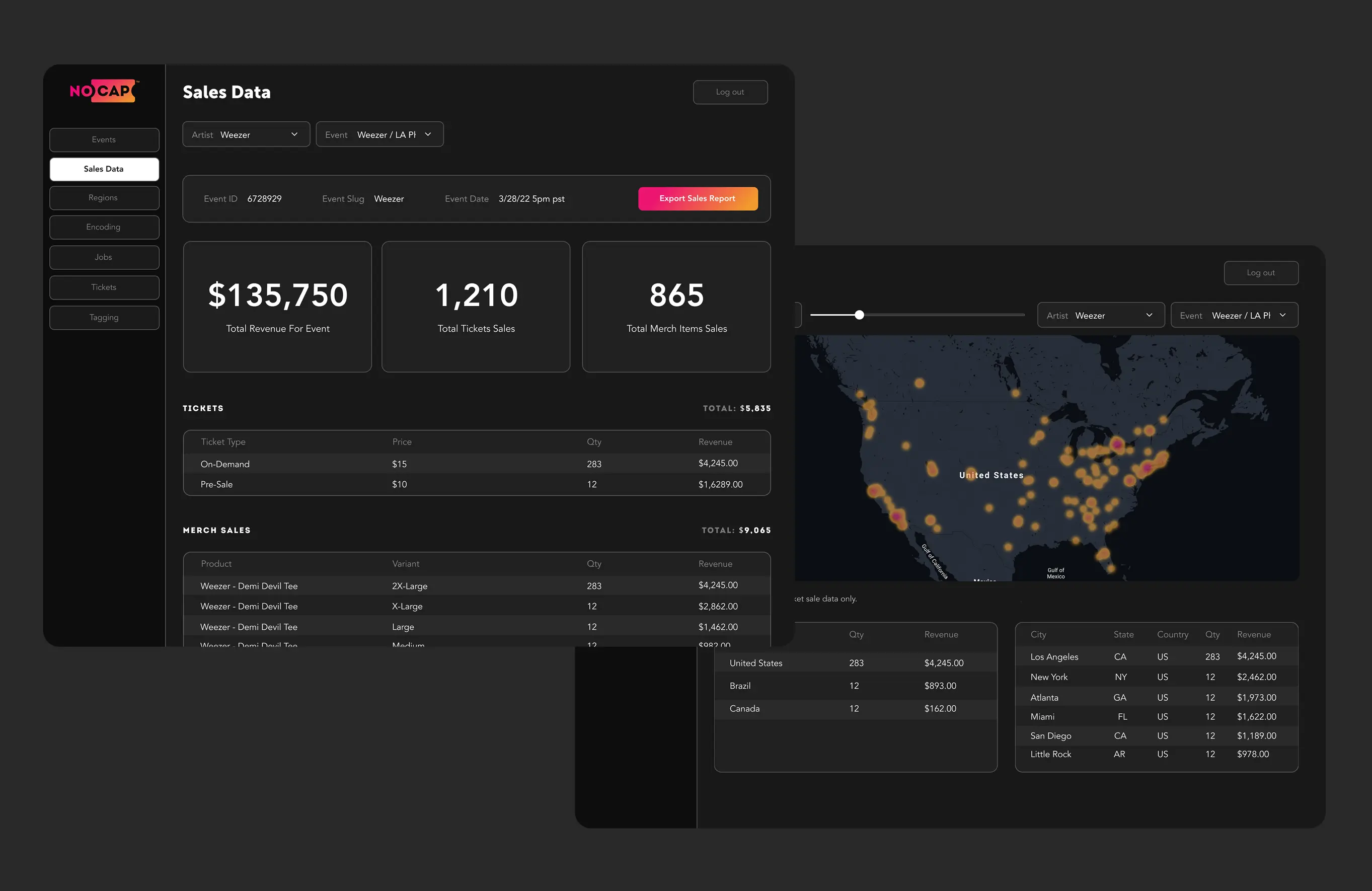 Dashboard interface showing sales data for Weezer event including total revenue $135,750, ticket and merch sales, ticket types with prices and quantities, merch product variants, and a US map heatmap of sales distribution.