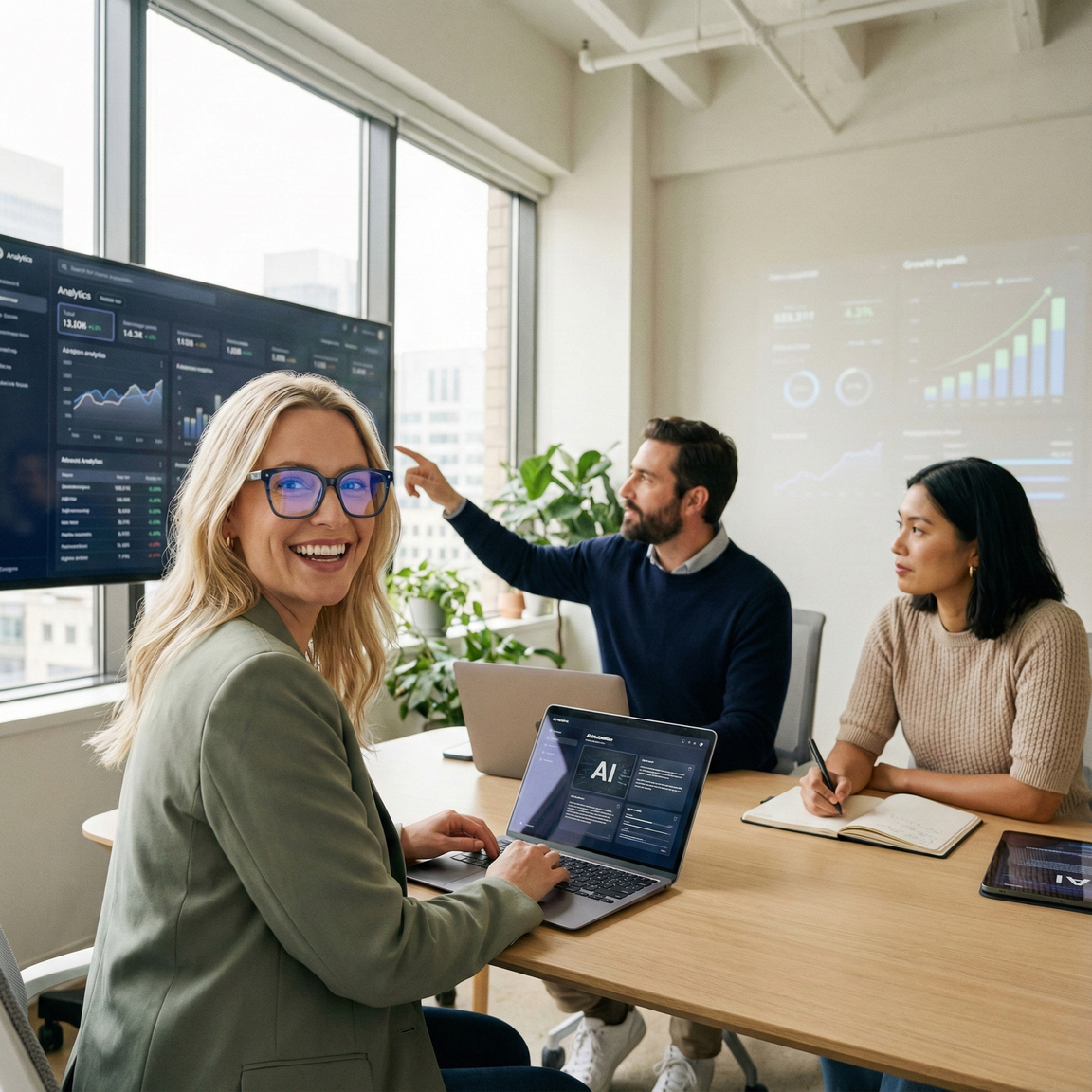 Équipe marketing dans un bureau moderne et lumineux, avec une femme blonde souriant au premier plan.
