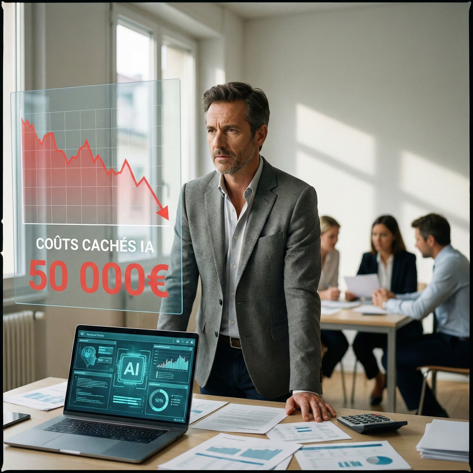 Un DG inquiet analyse 50 000 € de coûts cachés de l'IA sur un écran.