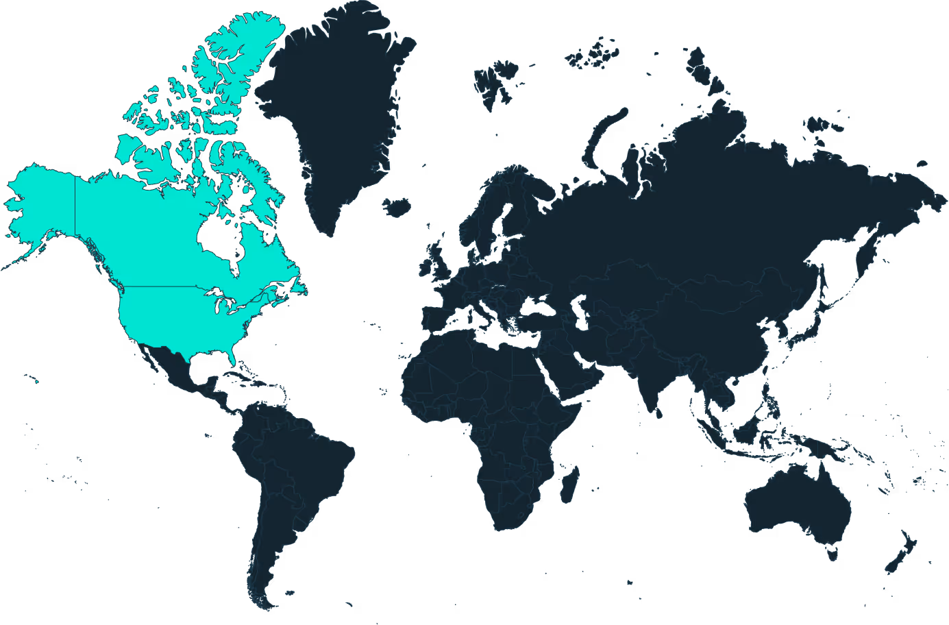 World map with North America highlighted in bright turquoise, including the United States, Canada, and Greenland.