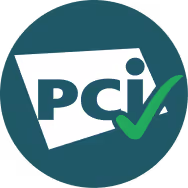 PCI logo with a green check mark on a dark teal circular background.