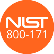 NIST 800-171 badge with white text on an orange circular background.