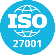 ISO 27001 certification badge with a globe icon on a blue circular background.