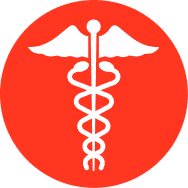 White medical caduceus symbol with two snakes and wings on a red circular background.