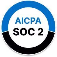 AICPA SOC 2 badge with blue, white, and black circular design.
