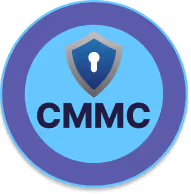 CMMC badge with a shield icon featuring a keyhole above the acronym CMMC on a blue circular background.