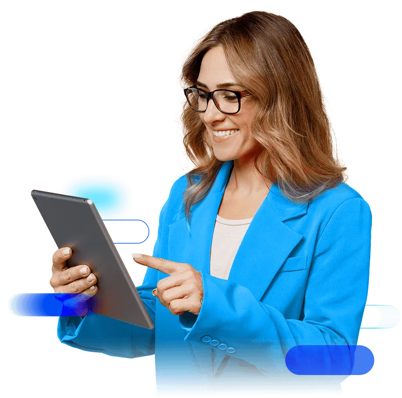 Mulher lendo o relatório da Dun & Bradstreet no tablet.