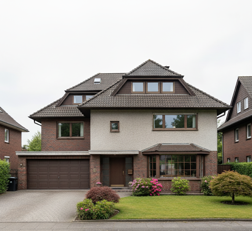 80er Jahre Haus mit Garage und buntem Vorgarten