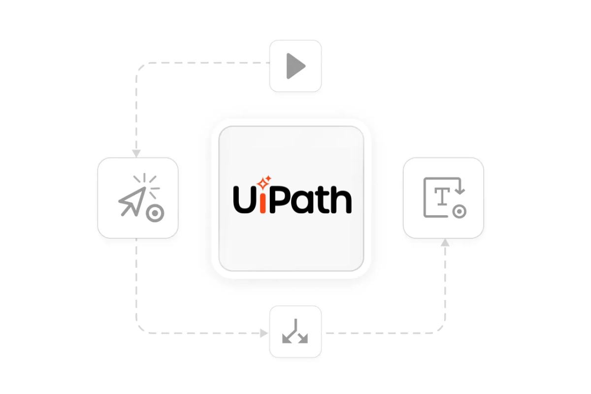 UiPath logo at the center surrounded by icons symbolizing play, click action, text processing, and branching connected by dotted arrows.