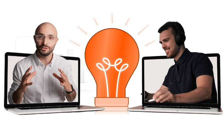 Two men communicating through laptops with a glowing orange light bulb symbolizing ideas between them.