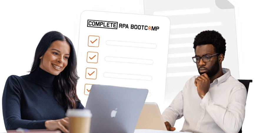 Smiling woman and thoughtful man working on laptops with a Complete RPA Bootcamp checklist graphic in the background.