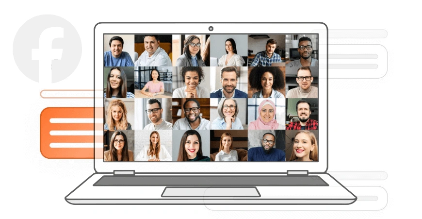 Laptop screen displaying a video conference grid with diverse people smiling and looking at the camera.