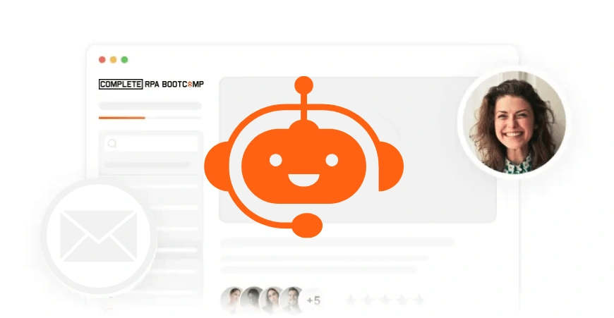 Smiling woman in a circular frame next to an orange chatbot icon with a headset on a webpage interface.