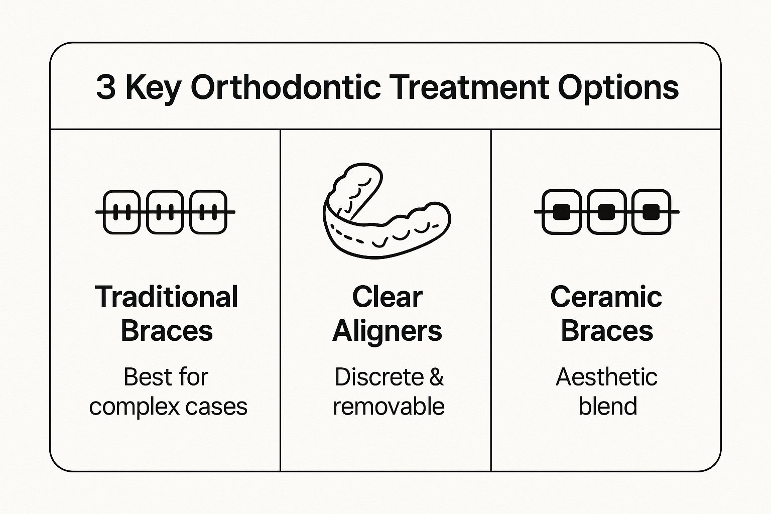 Infographic summarizing Traditional Braces, Clear Aligners, and Ceramic Braces as orthodontic options.