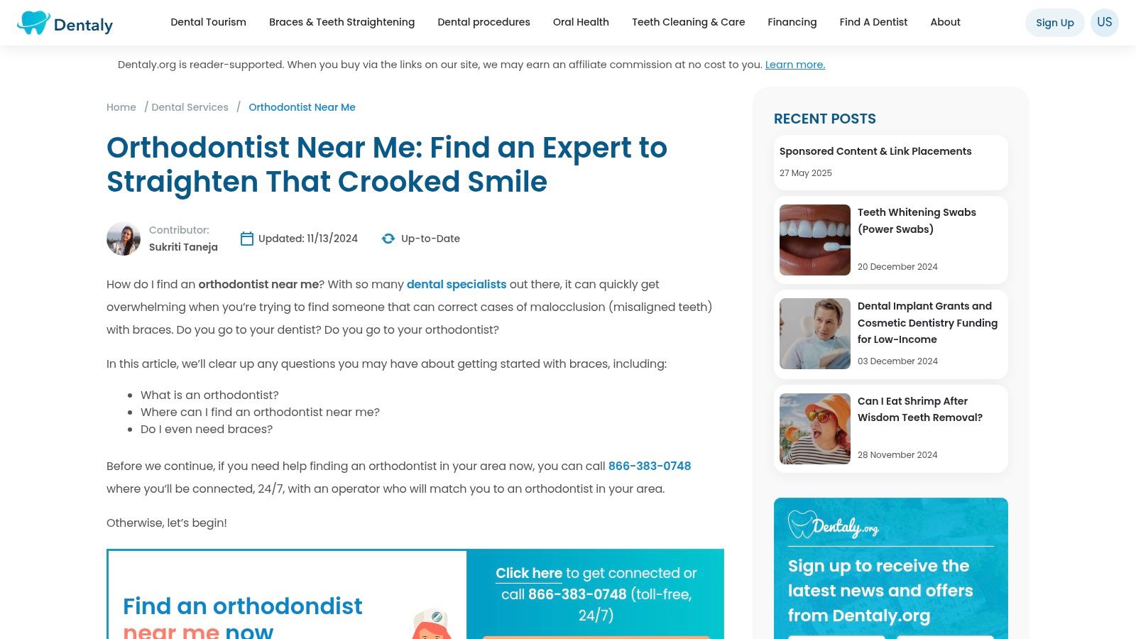Dentaly.org website screenshot showing search functionality and informational articles.