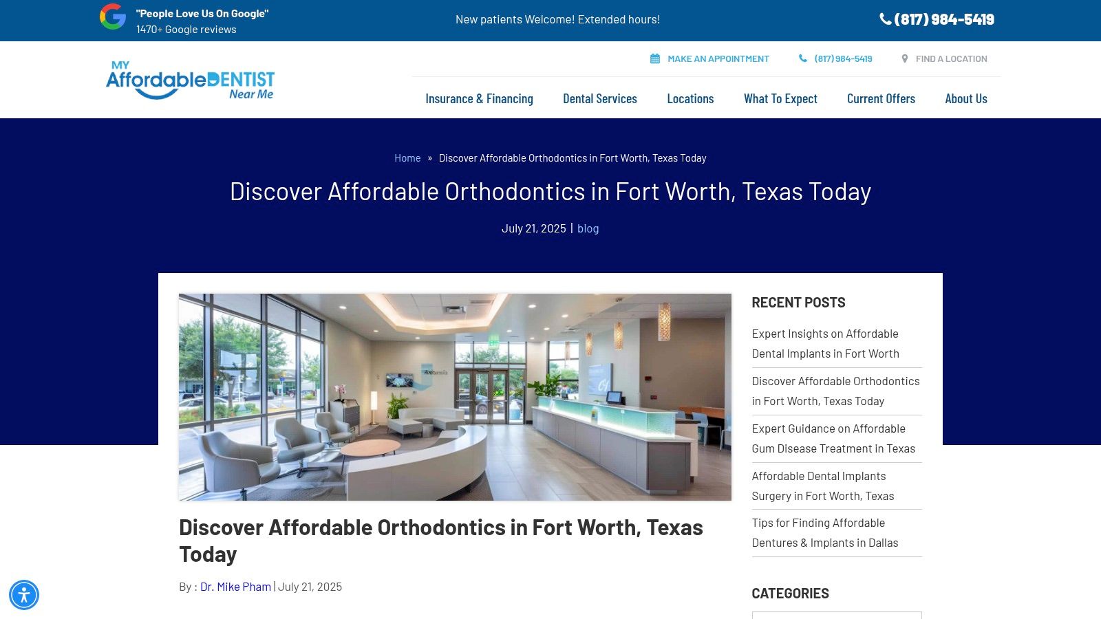 Affordable Dentist Near Me website screenshot showcasing local provider information and articles.