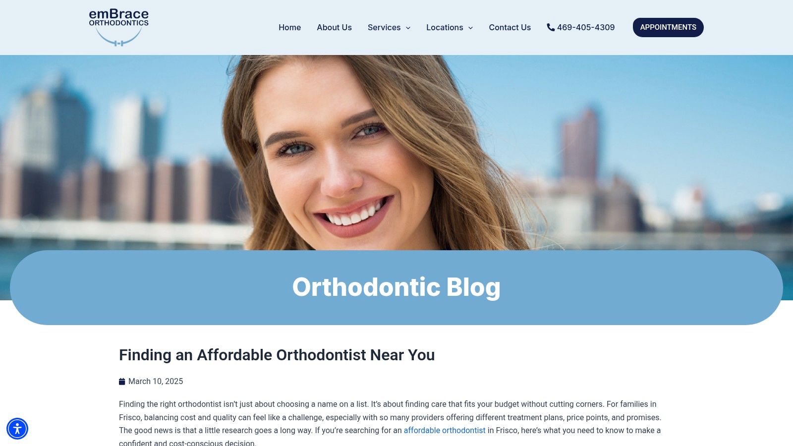 Embrace Orthodontics website showing their locations and commitment to affordable care.
